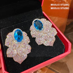 Paved Crystal Rhinestone Inlaid Floral Decor Statement Earrings Blue