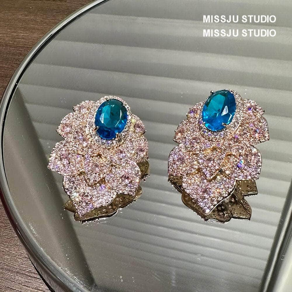 Paved Crystal Rhinestone Inlaid Floral Decor Statement Earrings Blue