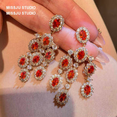 Paved Crystal Ruby Tassel Chandelier Earrings Red