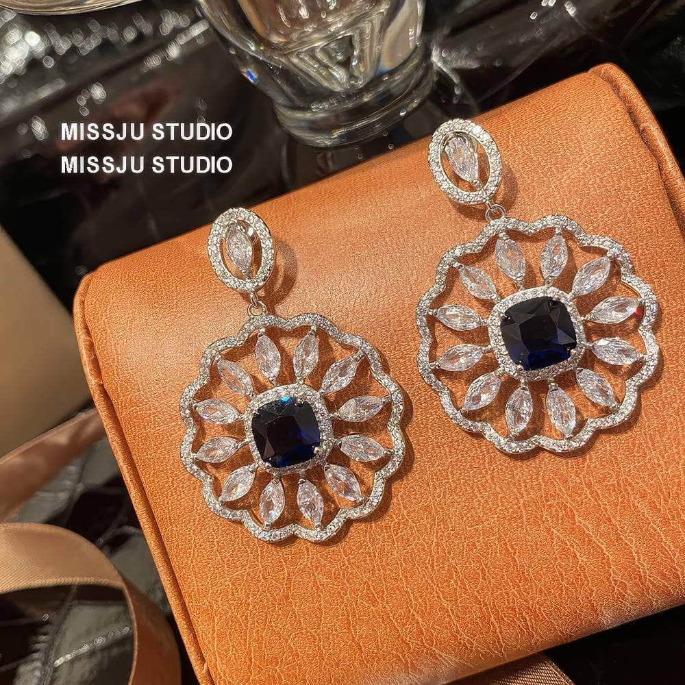 Paved Crystal Sapphire Gemstone Disc Statement Earrings Blue