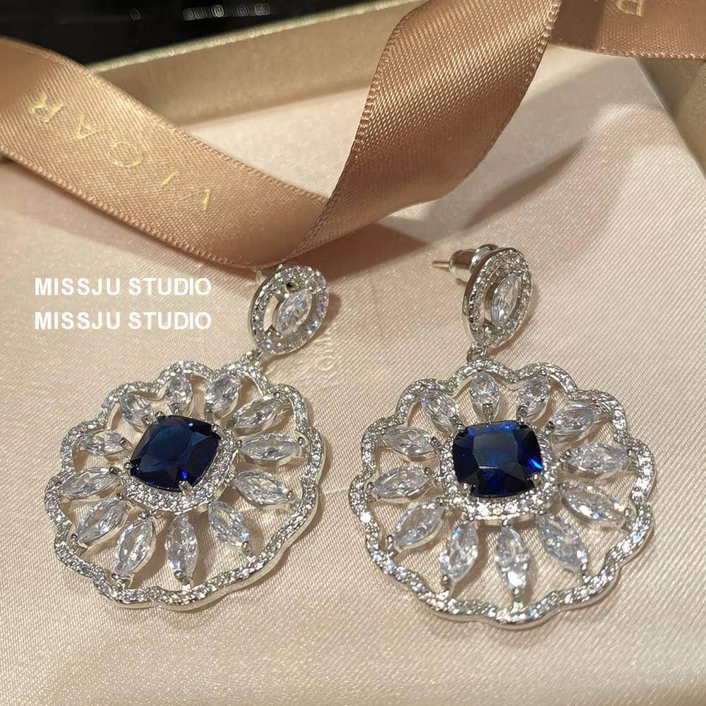 Paved Crystal Sapphire Gemstone Disc Statement Earrings Blue