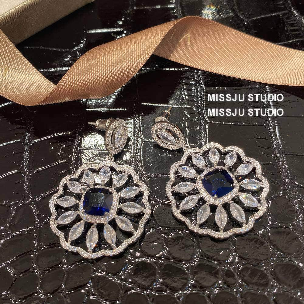 Paved Crystal Sapphire Gemstone Disc Statement Earrings Blue