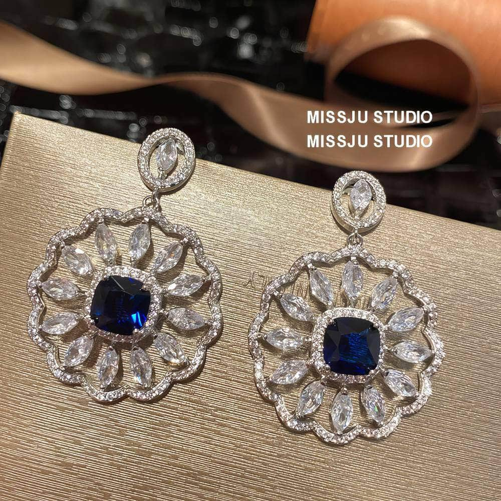 Paved Crystal Sapphire Gemstone Disc Statement Earrings Blue