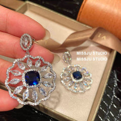 Paved Crystal Sapphire Gemstone Disc Statement Earrings Blue