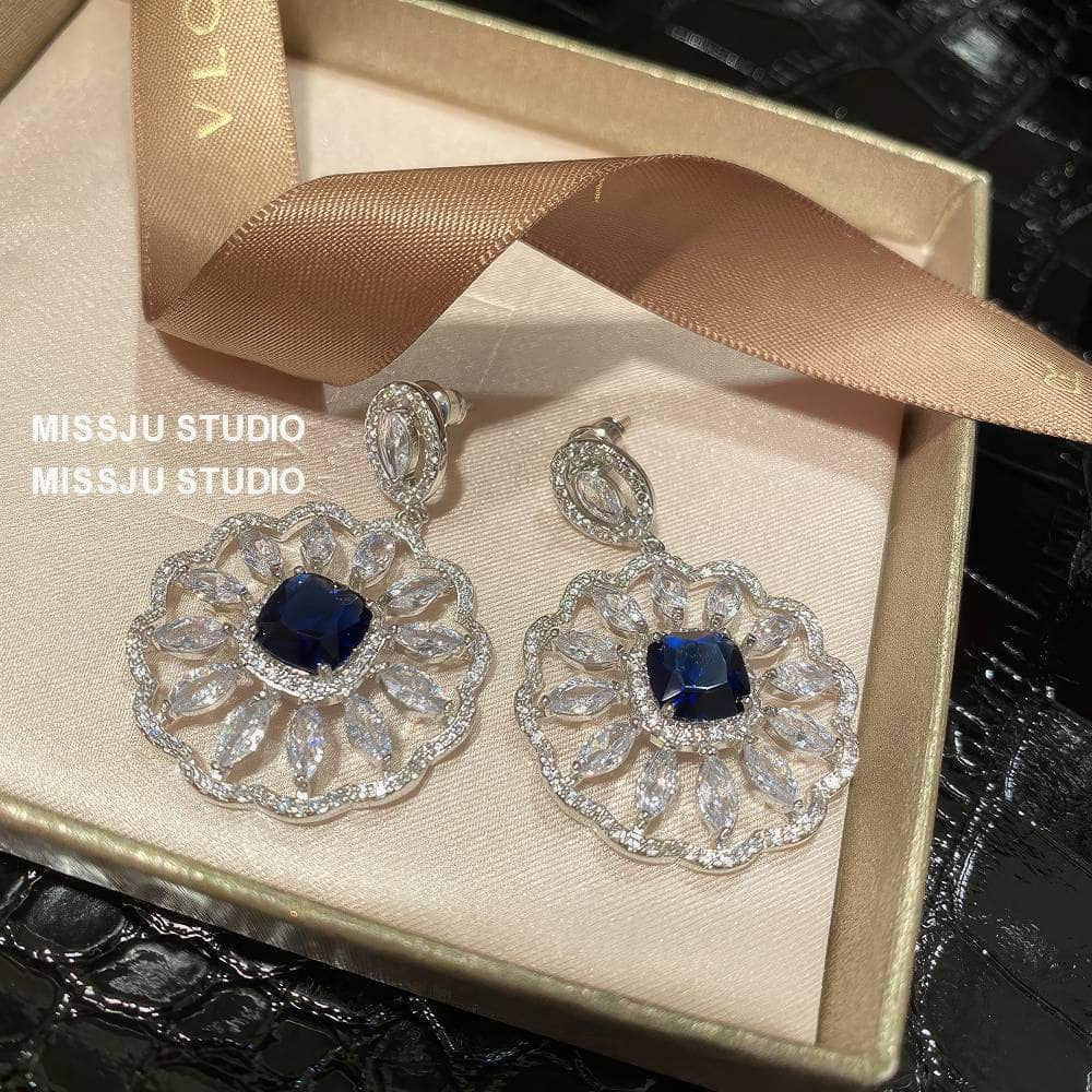 Paved Crystal Sapphire Gemstone Disc Statement Earrings Blue