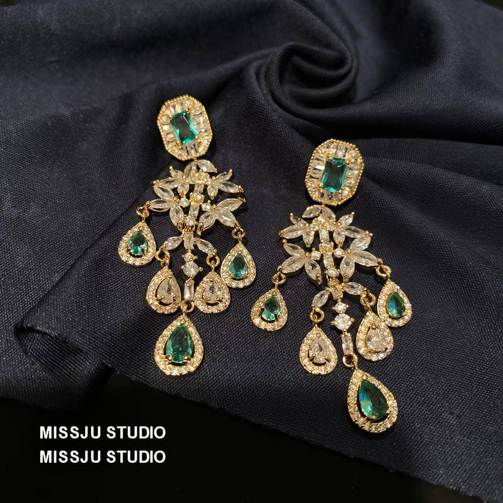 Paved crystals Emerald Chandelier Earrings Green