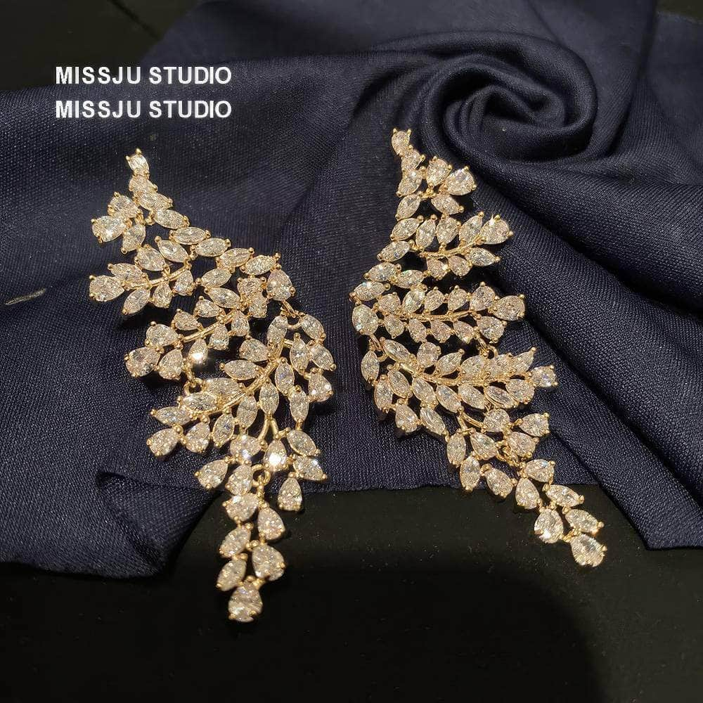 Paved crystals leaf Deco Gold Statement Earrings White