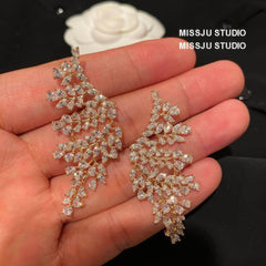 Paved crystals leaf Deco Gold Statement Earrings White