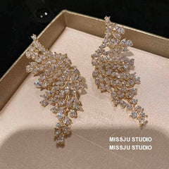 Paved crystals leaf Deco Gold Statement Earrings White