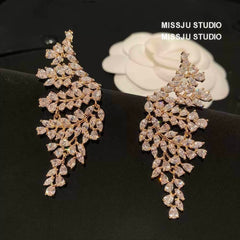 Paved crystals leaf Deco Gold Statement Earrings White