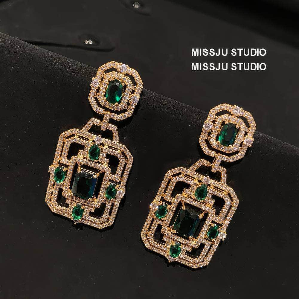 Paved Crystals Moissanite Emerald Vintage Square Earrings Green