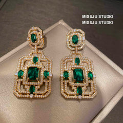 Paved Crystals Moissanite Emerald Vintage Square Earrings Green