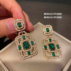 Paved Crystals Moissanite Emerald Vintage Square Earrings Green