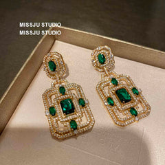 Paved Crystals Moissanite Emerald Vintage Square Earrings Green