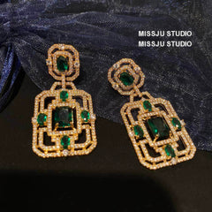 Paved Crystals Moissanite Emerald Vintage Square Earrings Green