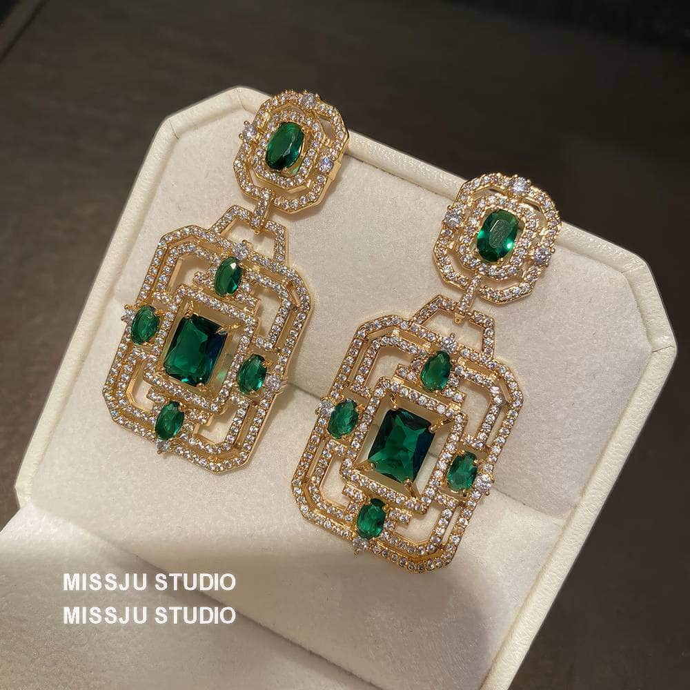 Paved Crystals Moissanite Emerald Vintage Square Earrings Green