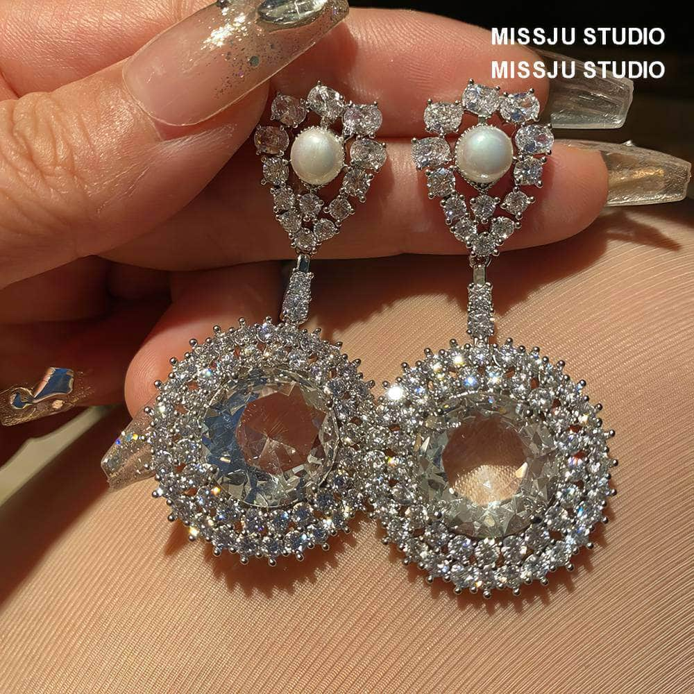 Paved Crystals Rhinestone Sparkly Pearl Decor Dangle Earrings White