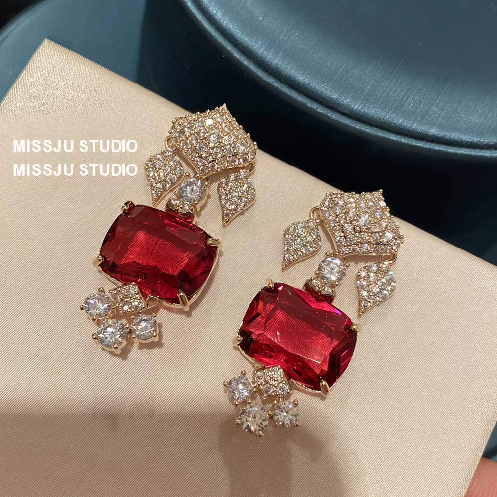 Paved Crystals Ruby Deco Rhinestone Dangle Gold Earrings Red