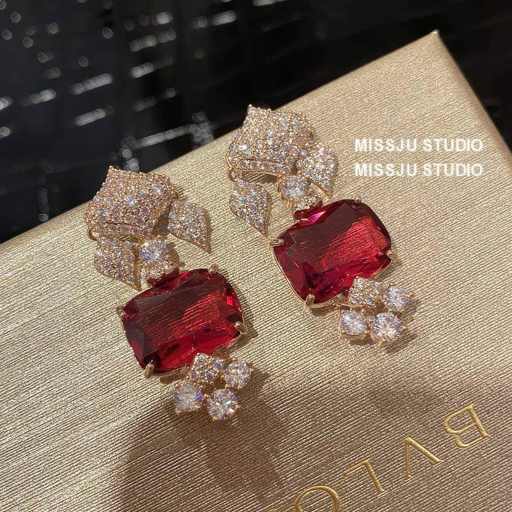 Paved Crystals Ruby Deco Rhinestone Dangle Gold Earrings Red