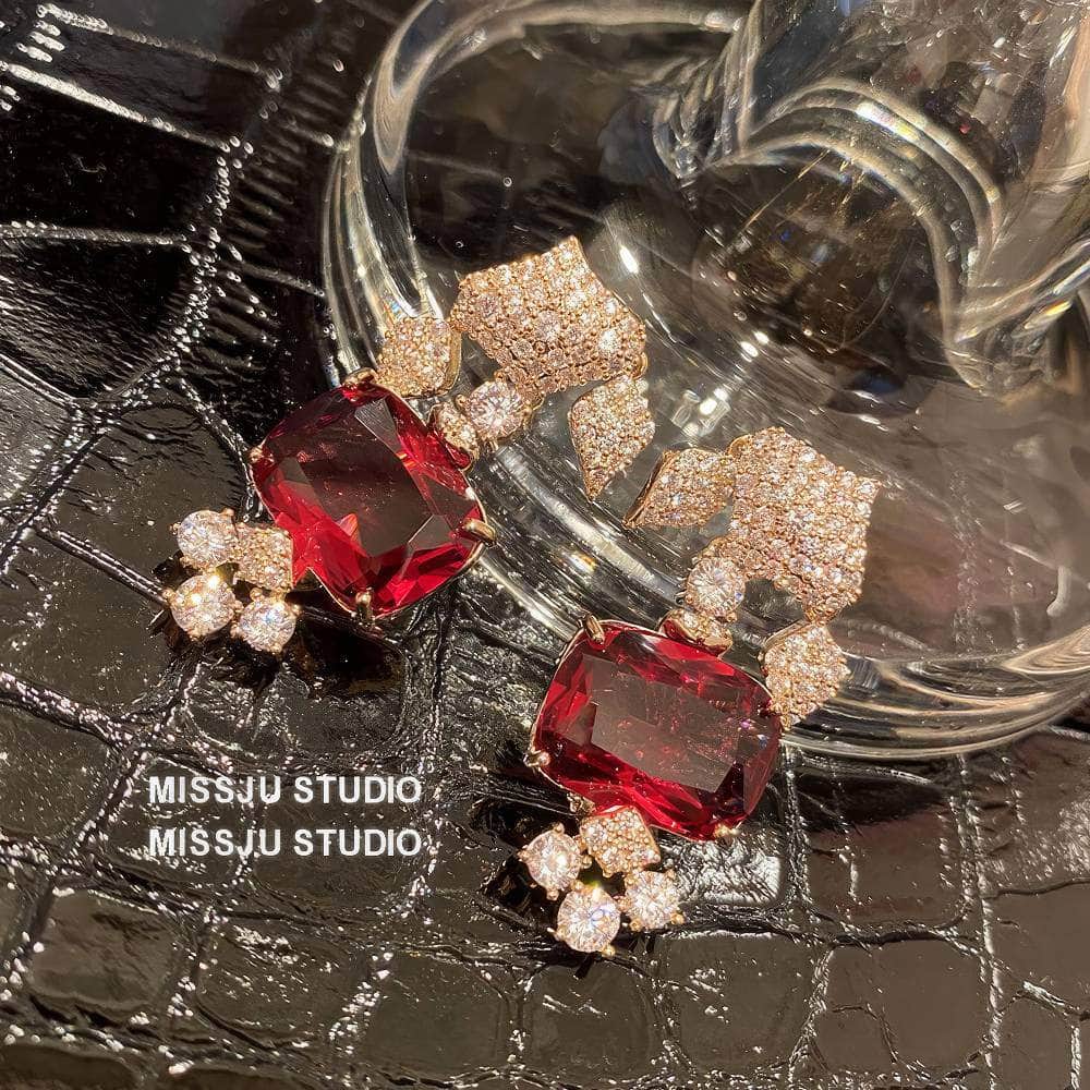 Paved Crystals Ruby Deco Rhinestone Dangle Gold Earrings Red