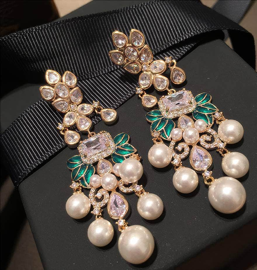 Paved Rhinestone Pearly Chandelier Statement Earrings White