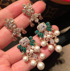 Paved Rhinestone Pearly Chandelier Statement Earrings White