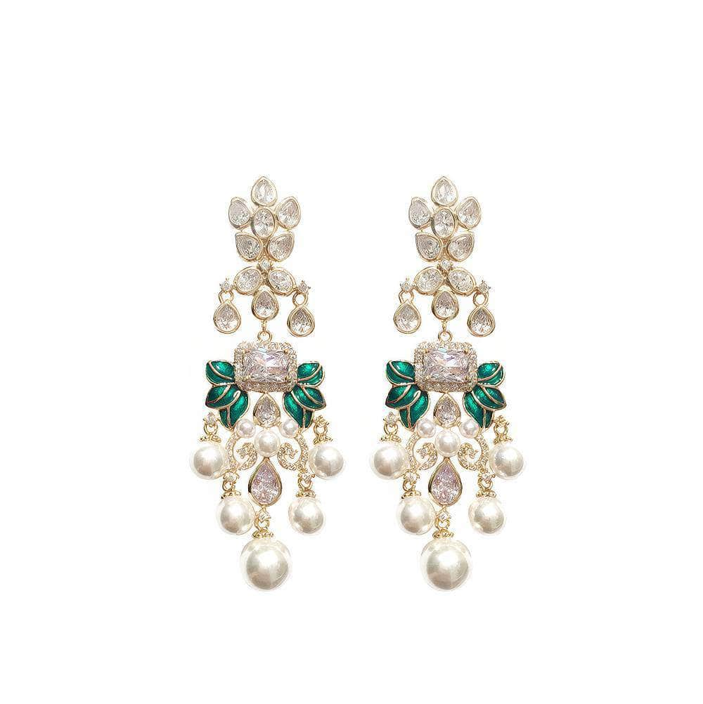 Paved Rhinestone Pearly Chandelier Statement Earrings White