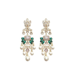 Paved Rhinestone Pearly Chandelier Statement Earrings White