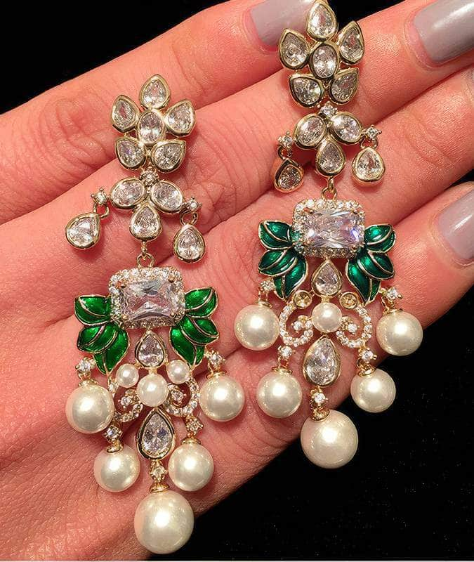 Paved Rhinestone Pearly Chandelier Statement Earrings White