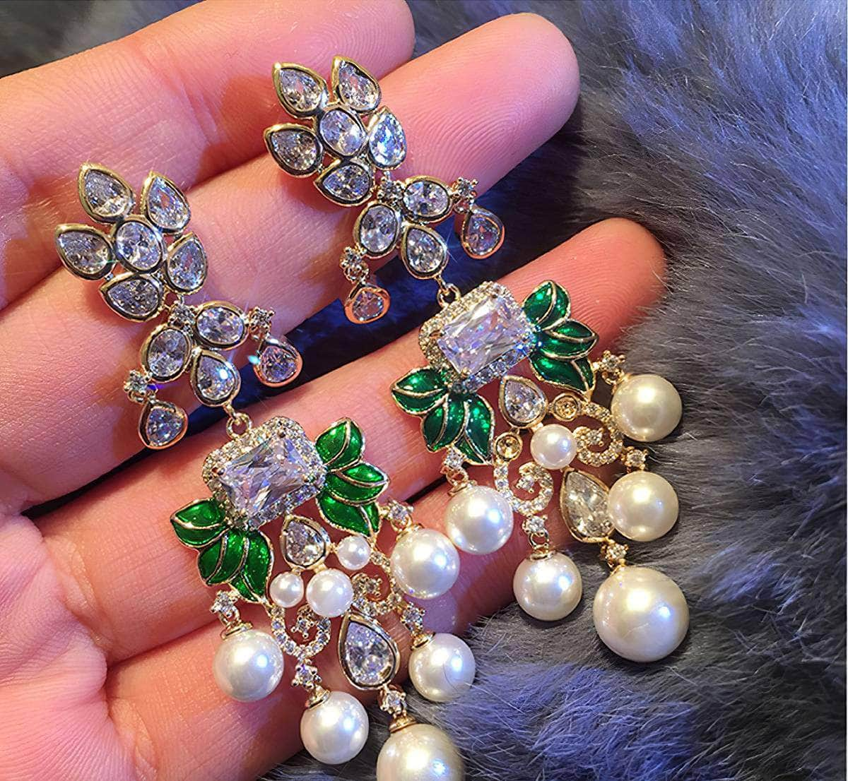 Paved Rhinestone Pearly Chandelier Statement Earrings White