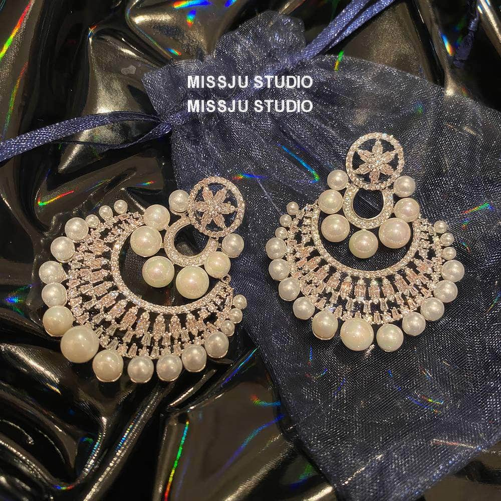 Paved Rhinestones Pearl Deco Baroque Statement Earrings White