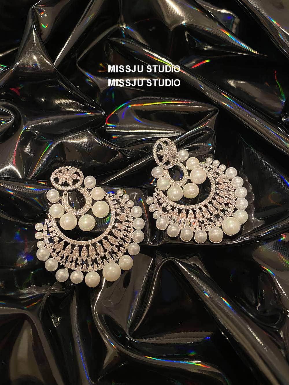 Paved Rhinestones Pearl Deco Baroque Statement Earrings White