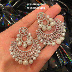 Paved Rhinestones Pearl Deco Baroque Statement Earrings White