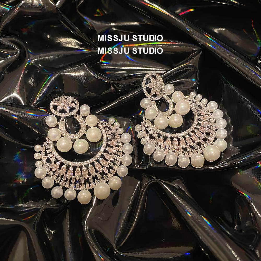 Paved Rhinestones Pearl Deco Baroque Statement Earrings White