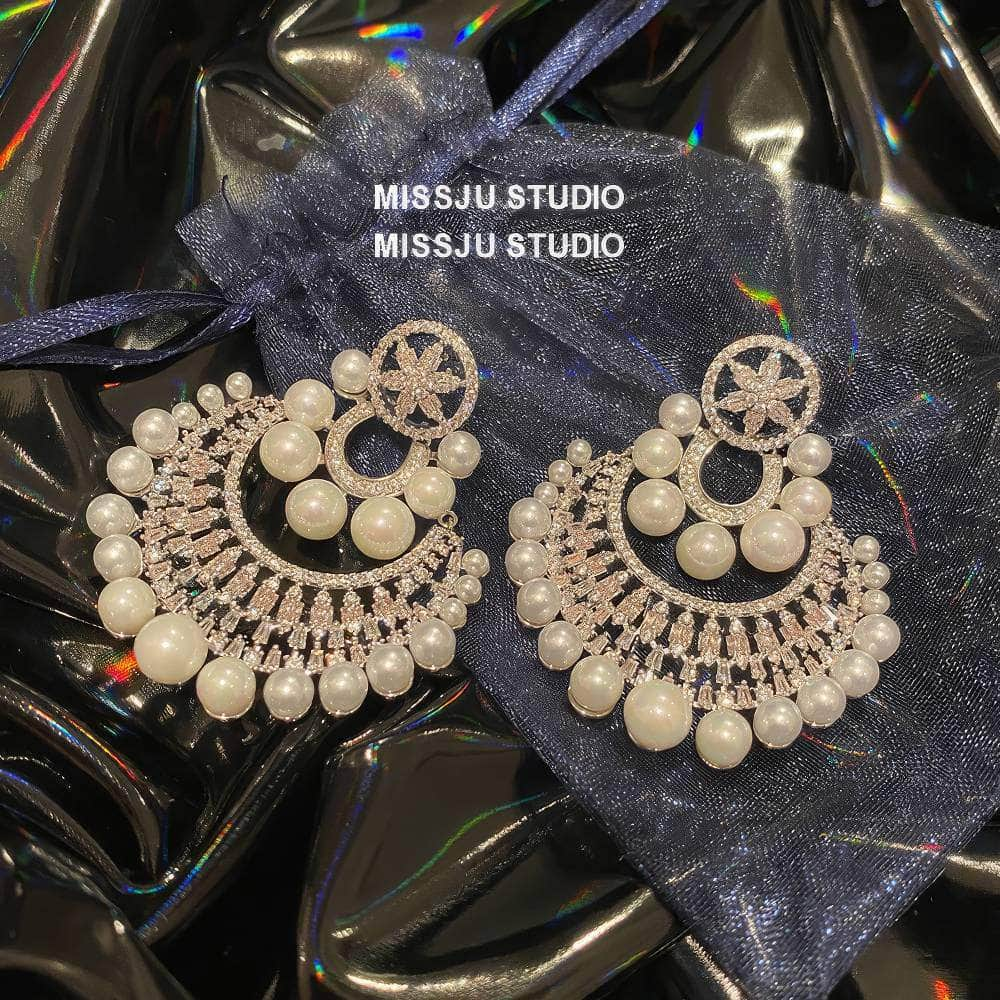 Paved Rhinestones Pearl Deco Baroque Statement Earrings White