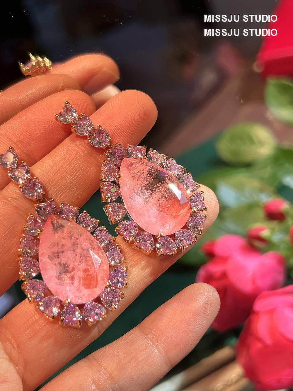 Pear Cut Halo Drop Crystal Studded Earrings Coral