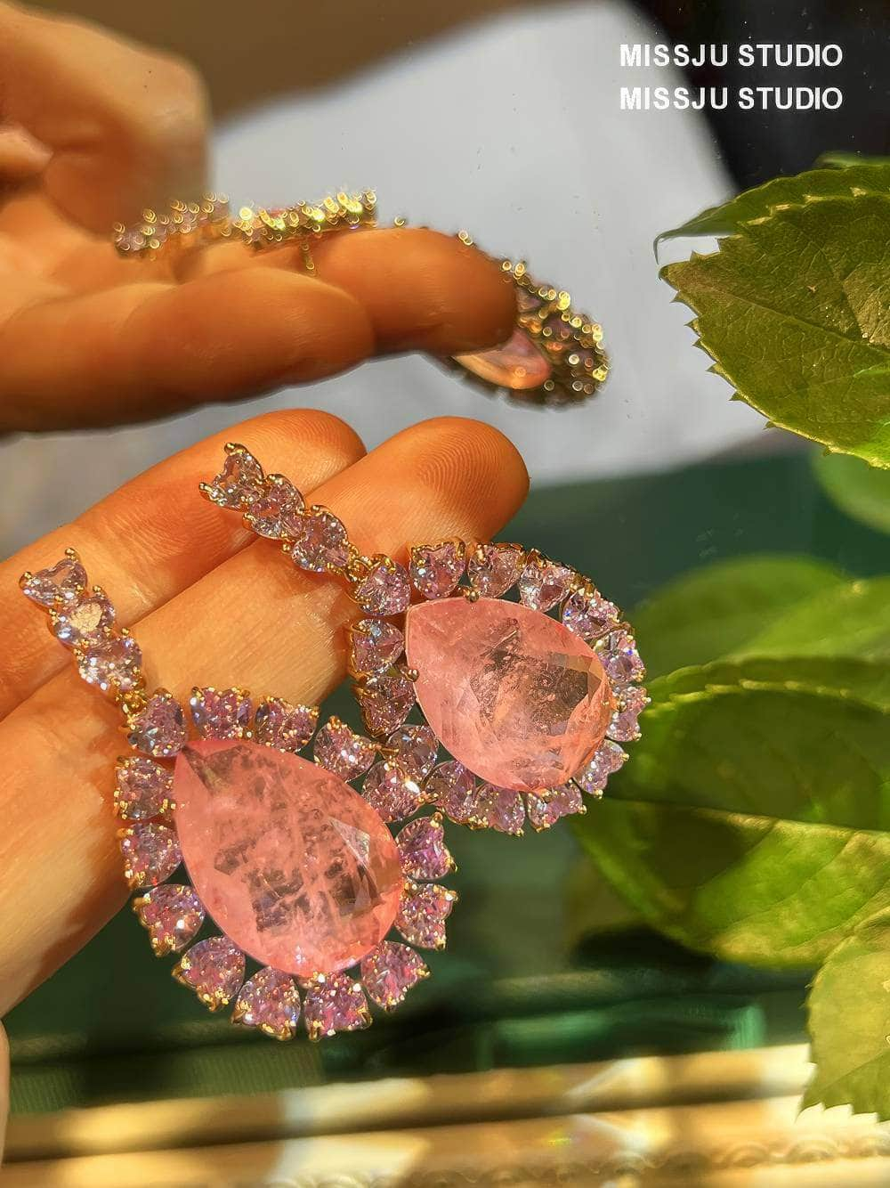 Pear Cut Halo Drop Crystal Studded Earrings Coral