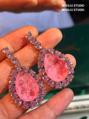 Pear Cut Halo Drop Crystal Studded Earrings Coral