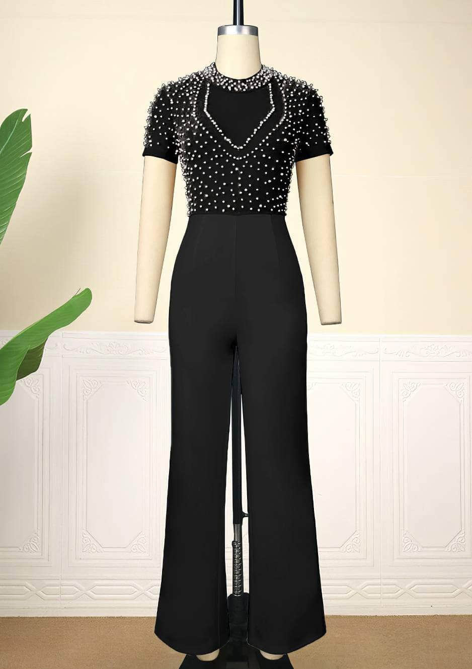 Pearl Beaded Mesh Bodice Jumpsuit