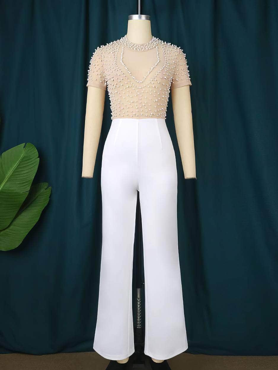 Pearl Beaded Mesh Bodice Jumpsuit