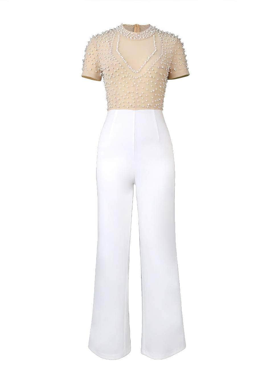 Pearl Beaded Mesh Bodice Jumpsuit