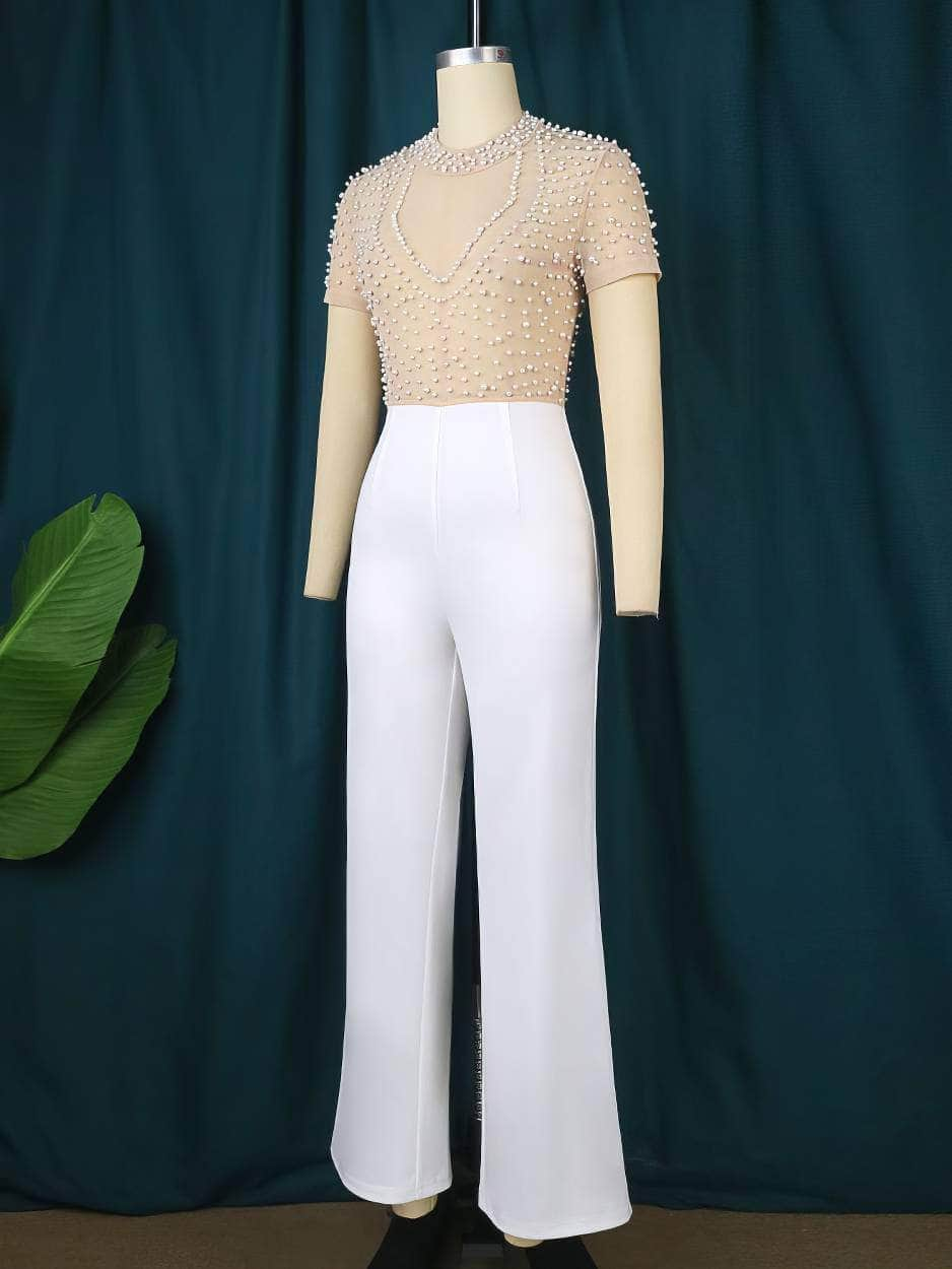 Pearl Beaded Mesh Bodice Jumpsuit