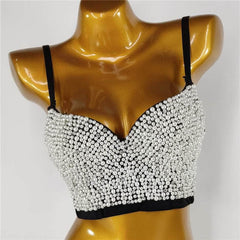 Pearl Bejeweled Corset Cami Bustier Top S / Black