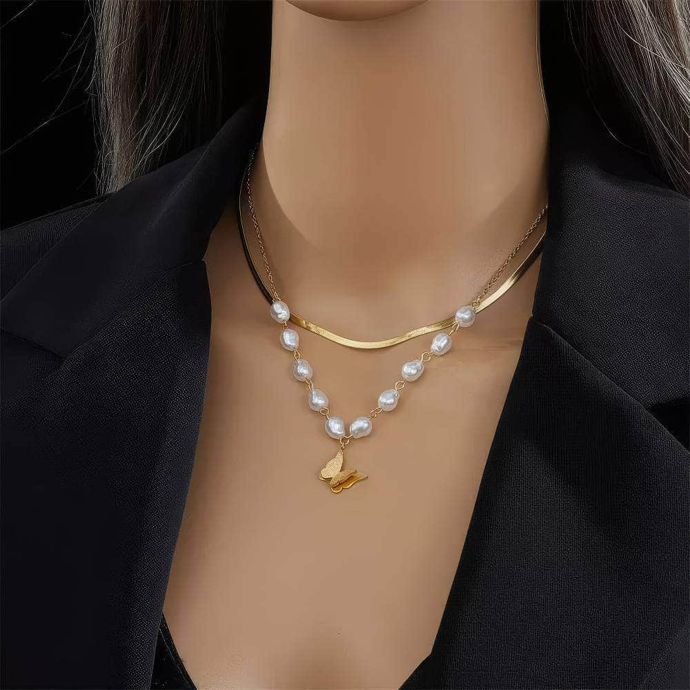 Pearl Butterfly Pendant Necklace - Fashionable 2-layer Clavicle Chain for Women and Girls, an ideal Party Jewelry Gift N1824