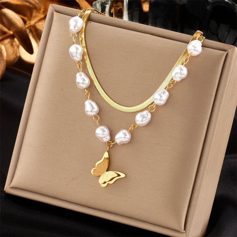 Pearl Butterfly Pendant Necklace - Fashionable 2-layer Clavicle Chain for Women and Girls, an ideal Party Jewelry Gift N1824