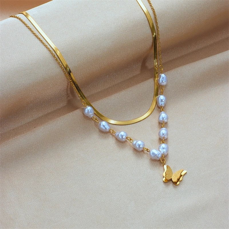 Pearl Butterfly Pendant Necklace - Fashionable 2-layer Clavicle Chain for Women and Girls, an ideal Party Jewelry Gift N1824