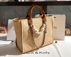 Pearl Chain Accented Basic Tote Handbag