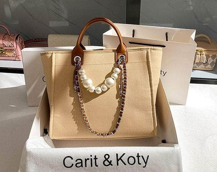 Pearl Chain Accented Basic Tote Handbag