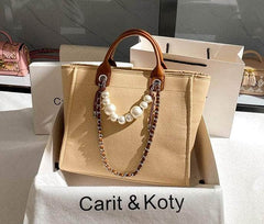 Pearl Chain Accented Basic Tote Handbag