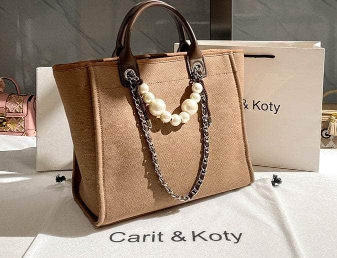 Pearl Chain Accented Basic Tote Handbag